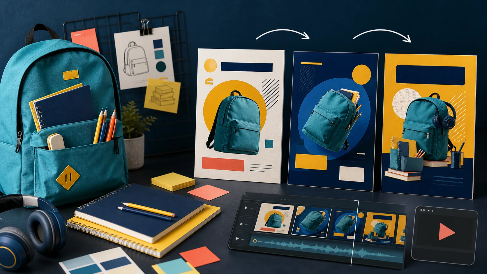 Creative studio showing a back-to-school campaign evolving into three poster concepts and a video timeline