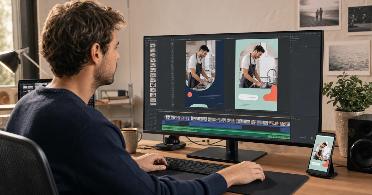 Video editor building two vertical recruitment ad variants at a professional workstation
